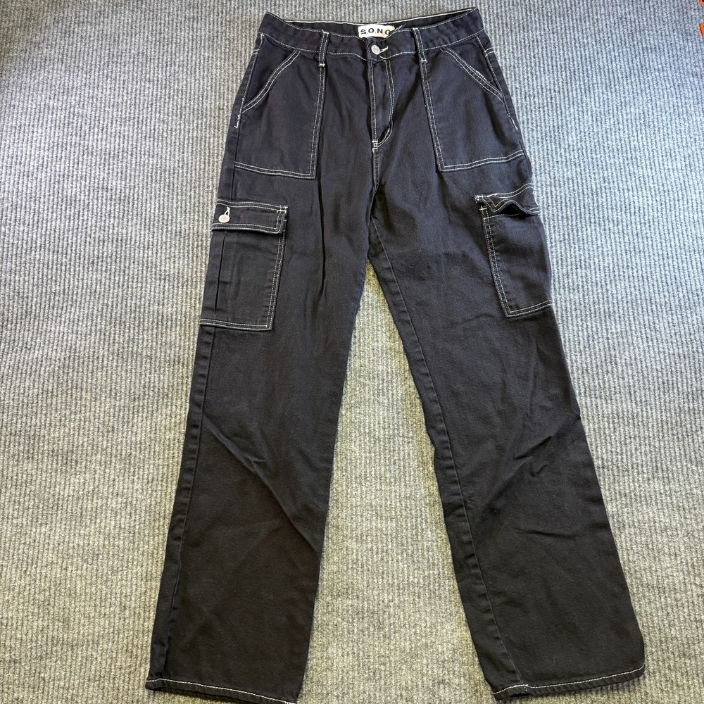 S.O.N.G. Cargo Pants Womens 9/29 Black Contrast‎ Stitch Wide Leg Y2K